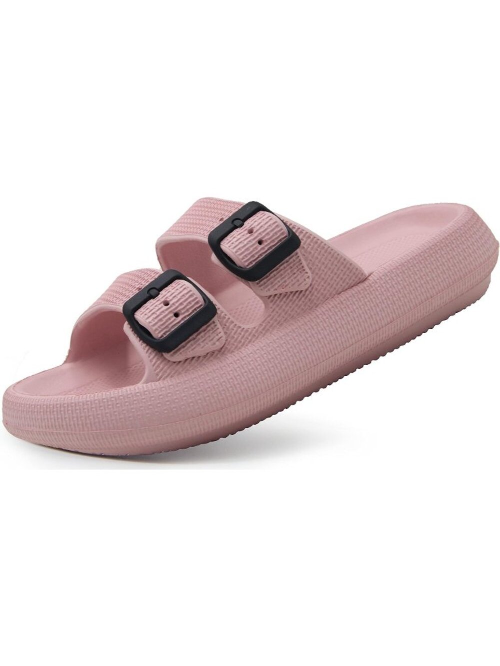 Women's Pink Adjustable Width Pillow Design Double Buckle Flat Slides Slippers